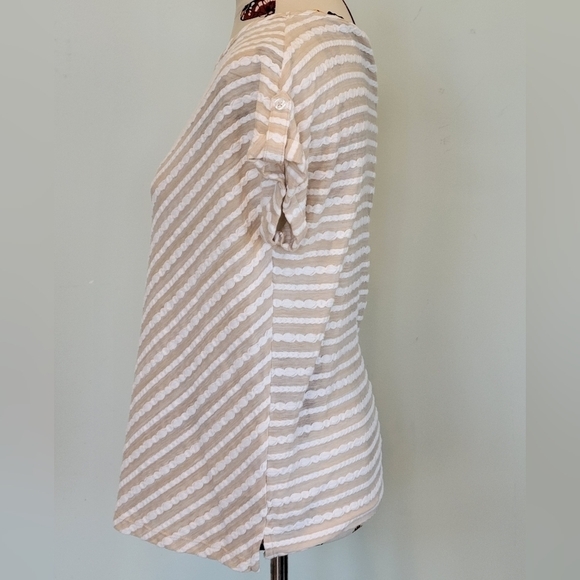 𝅺emma JAMES tan and white striped short sleeve top size Large - Picture 2 of 7